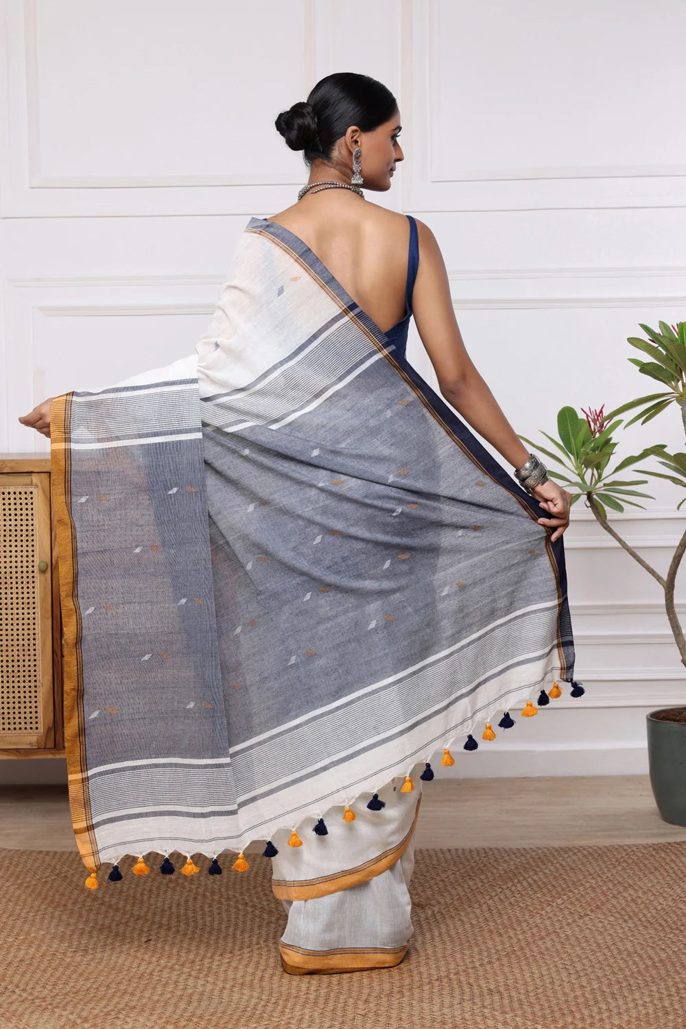 Handloom Cream Pure Cotton Jamdani Saree with Mustard Border