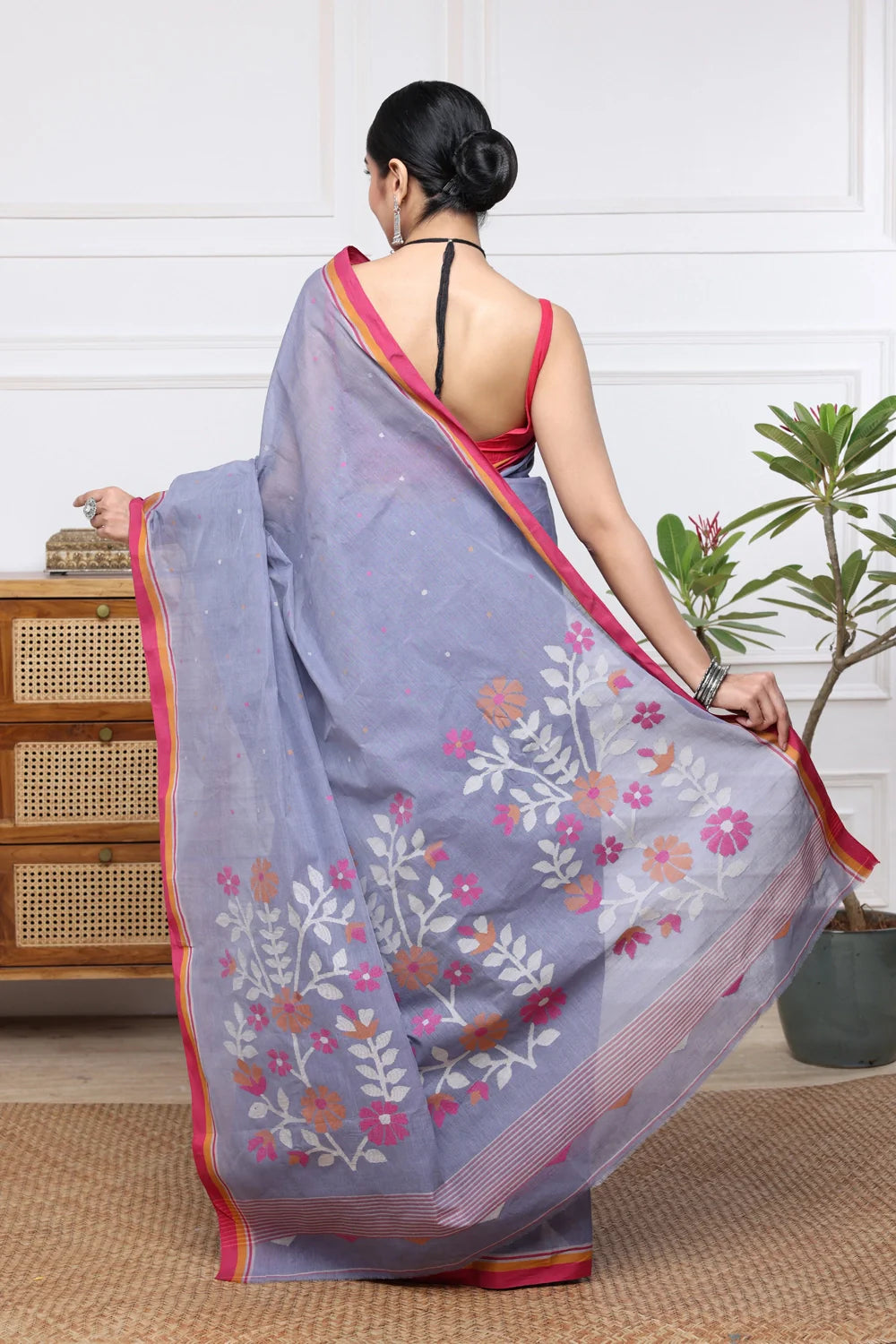 Handloom Dark Grey Pure Cotton Jamdani Saree with Red Border