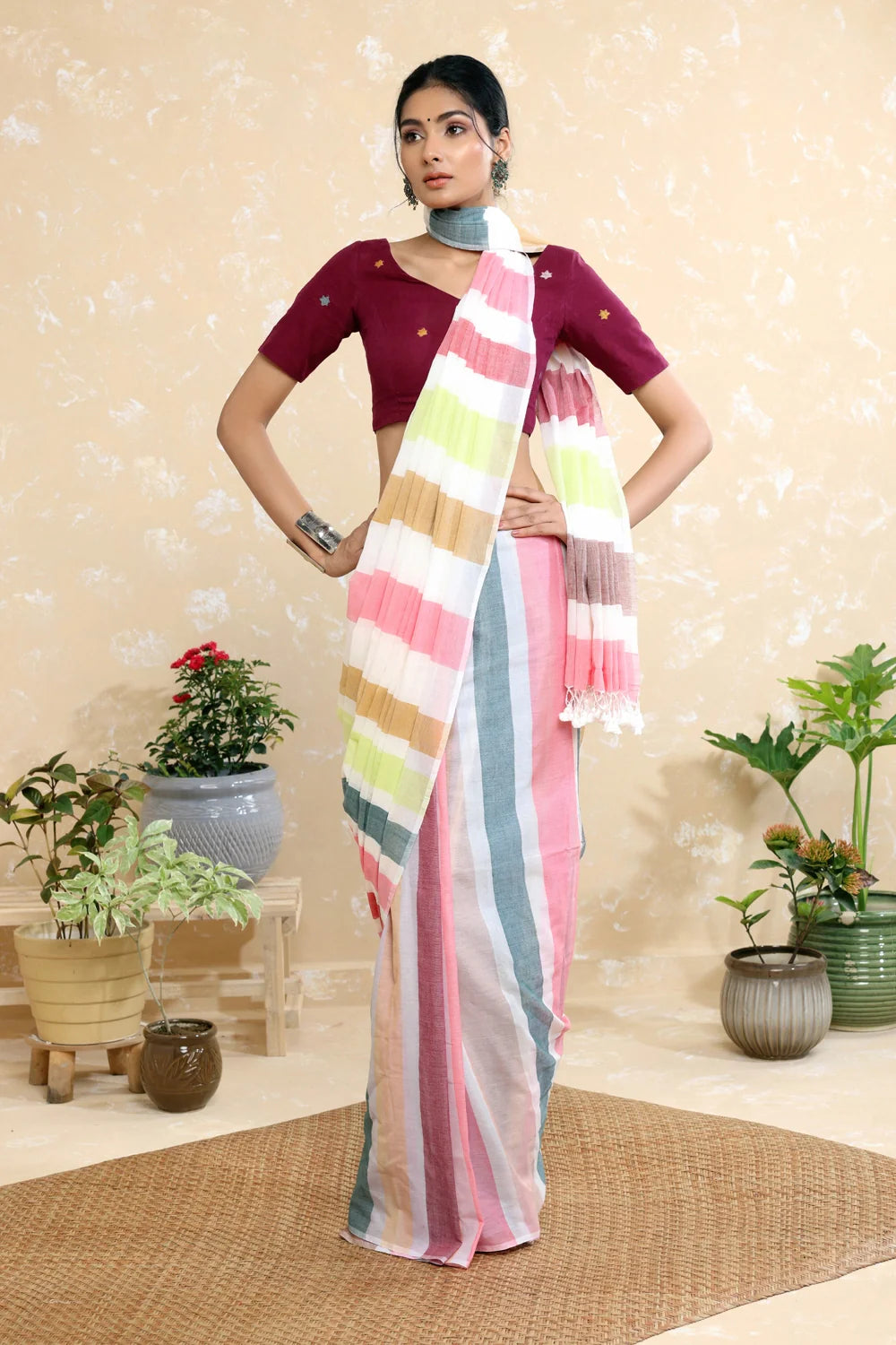 Handloom Pink Multi colour Stripes Mulmul Saree