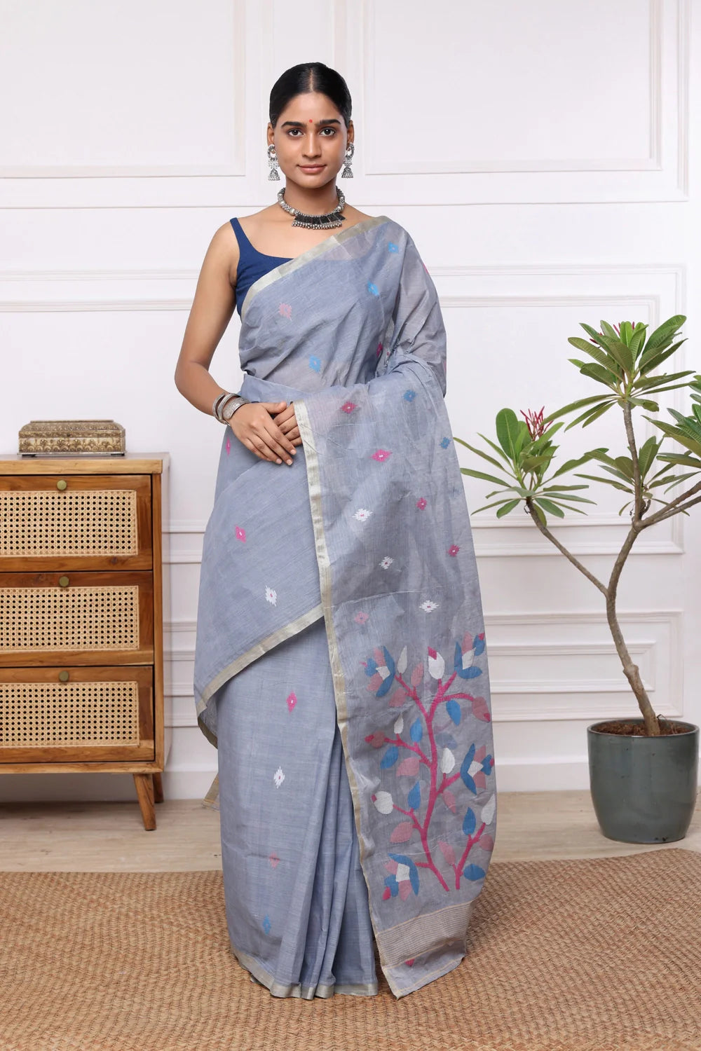 Handloom Grey Pure Cotton Multi Colour Floral Jamdani