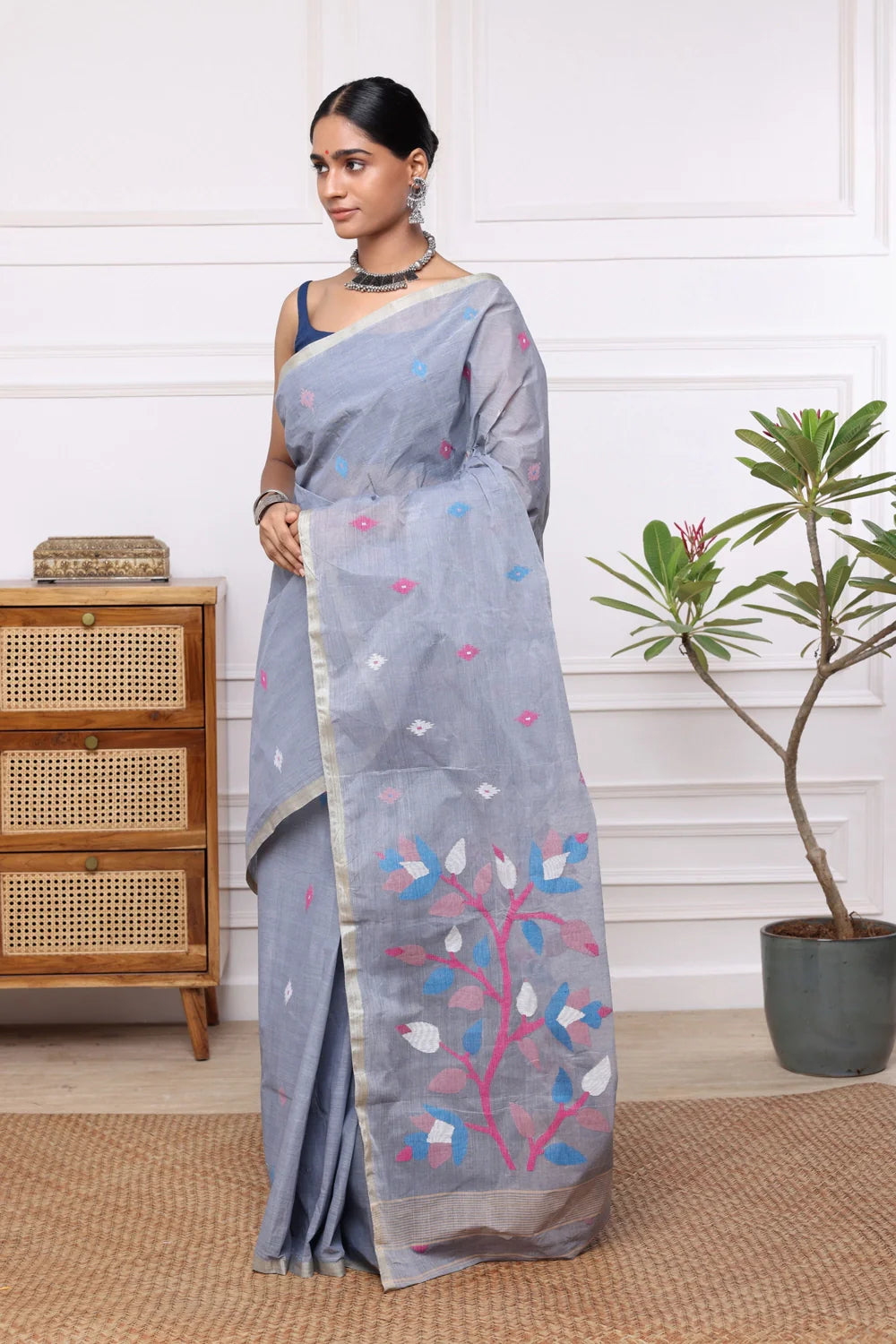 Handloom Grey Pure Cotton Multi Colour Floral Jamdani