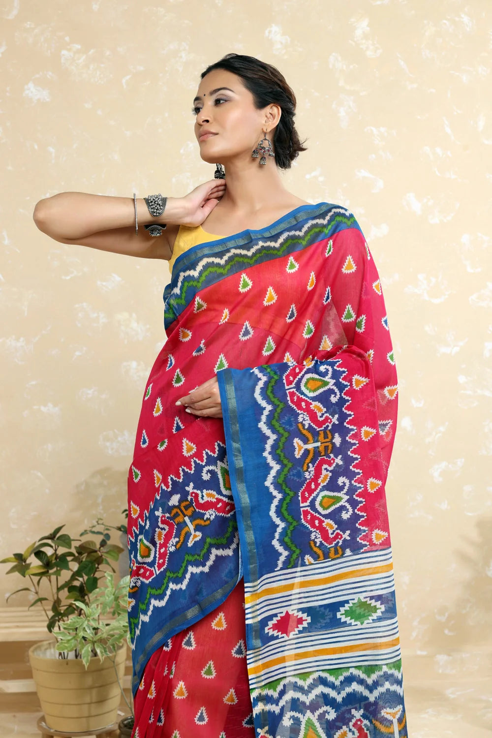 Handloom Magenta Block Print Chanderi Cotton Saree