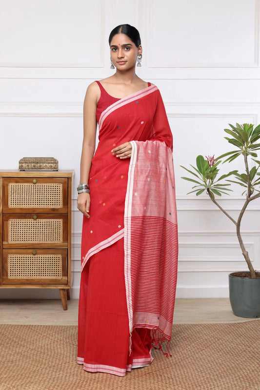 Handloom Red Pure Cotton Saree with Polka Dot Motifs