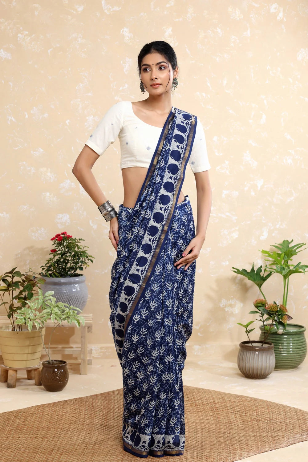 Handloom Indigo Blue Grass Block Print Chanderi Cotton Saree