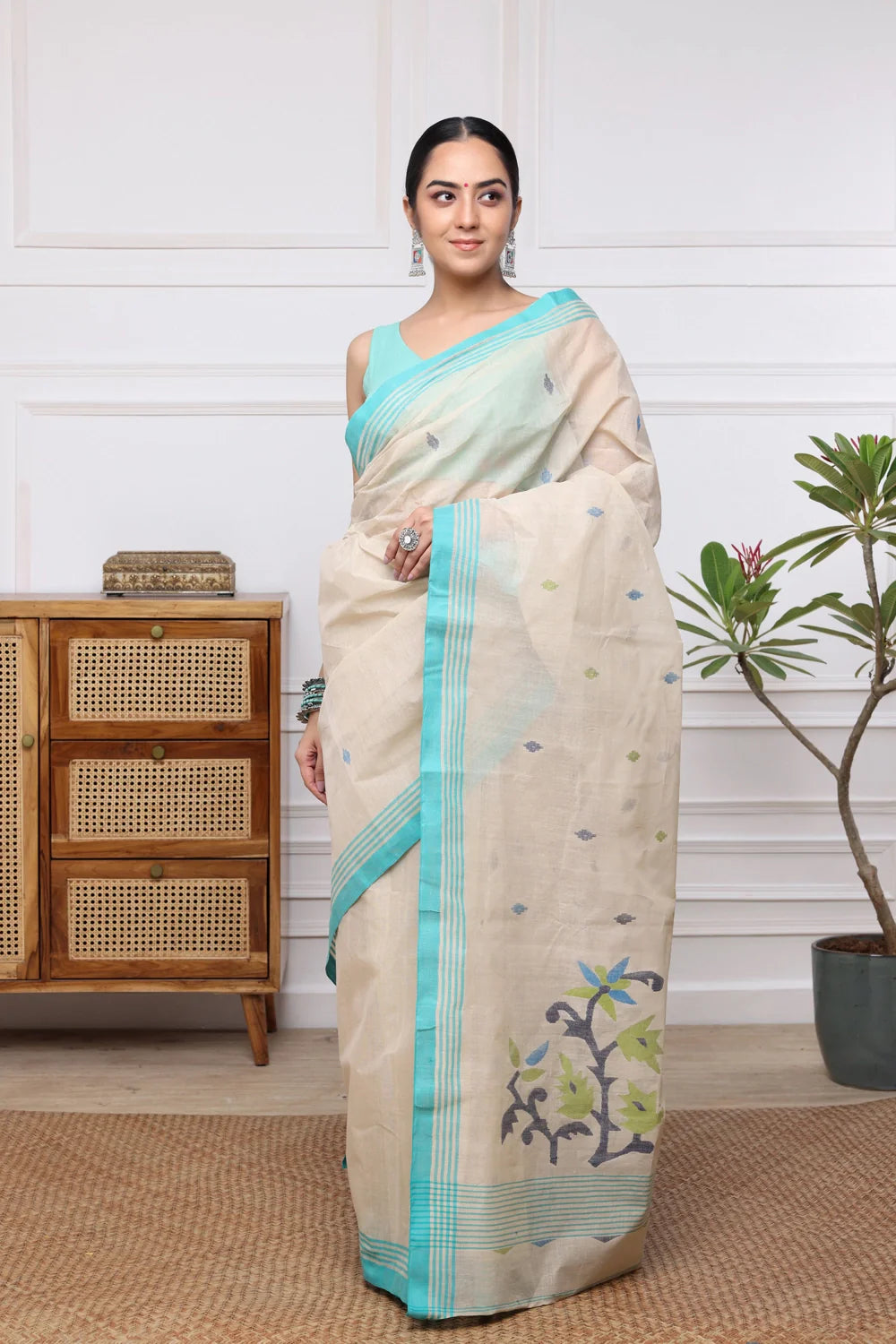 Handloom Light Brown Pure Cotton Multi Colour Floral Jamdani Saree