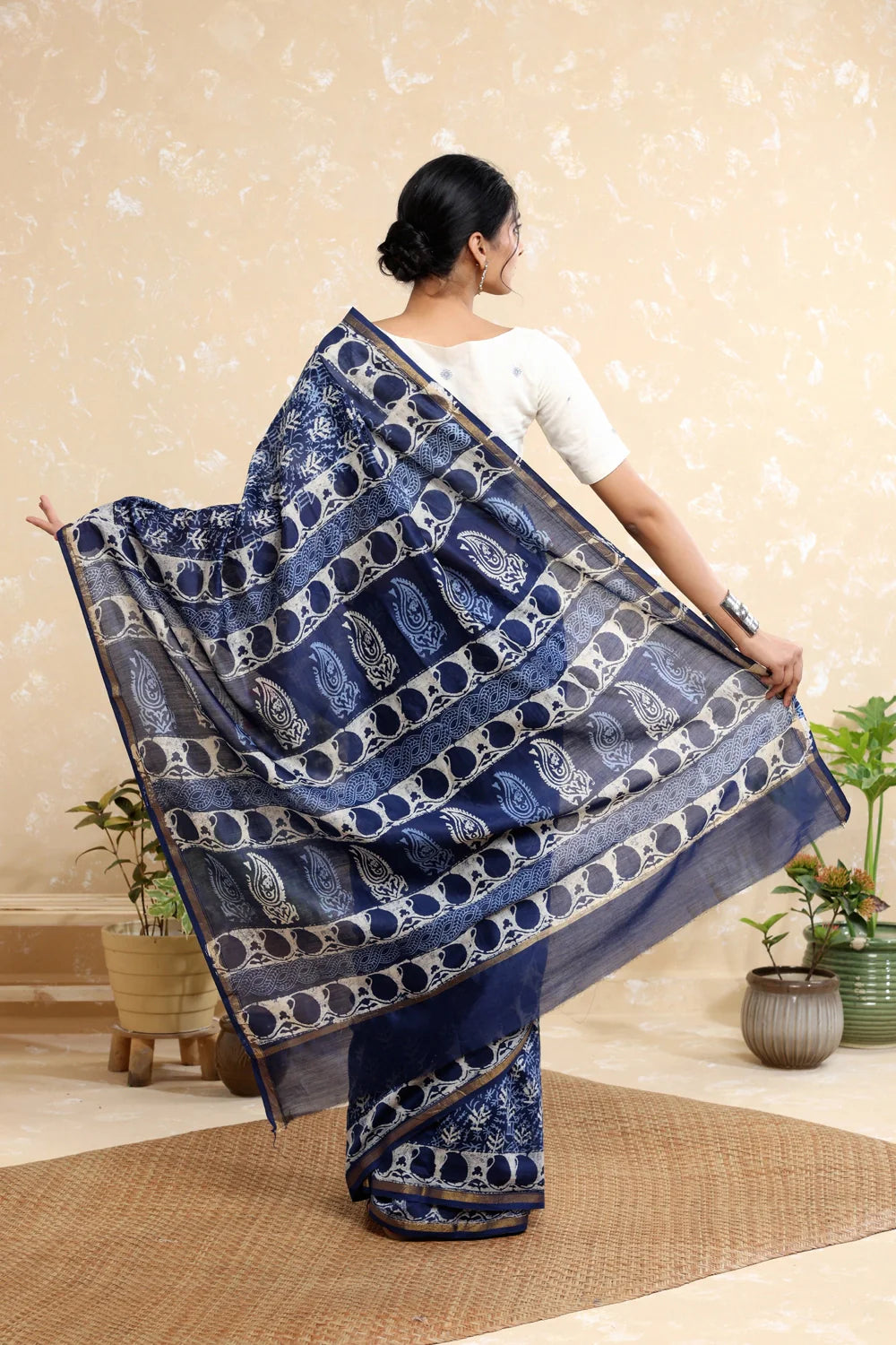 Handloom Indigo Blue Grass Block Print Chanderi Cotton Saree