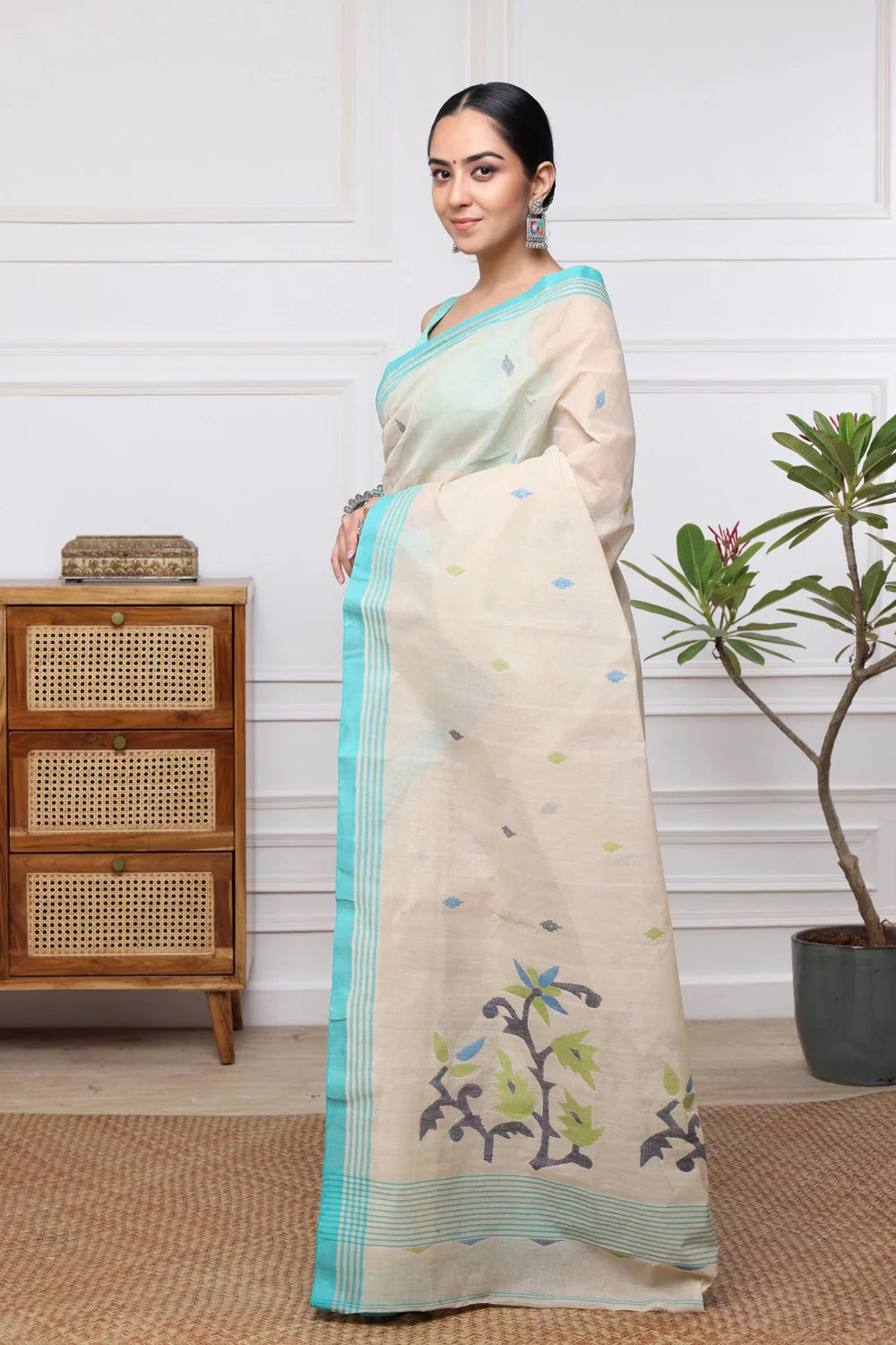 Handloom Light Brown Pure Cotton Multi Colour Floral Jamdani Saree