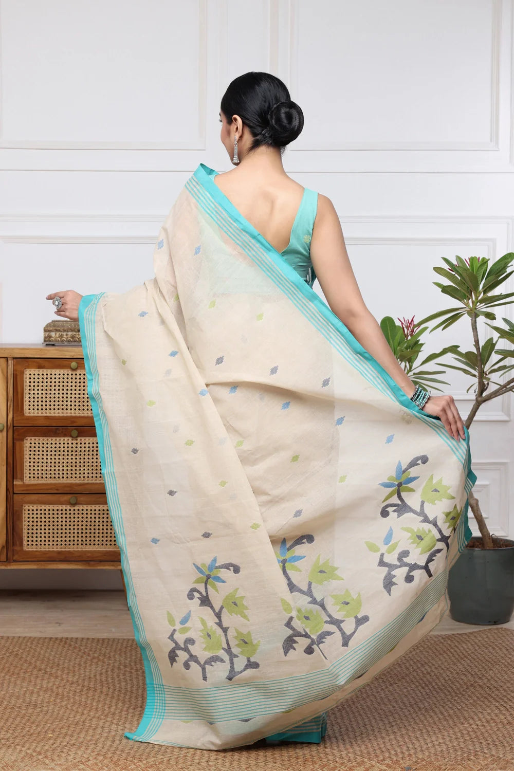 Handloom Light Brown Pure Cotton Multi Colour Floral Jamdani Saree