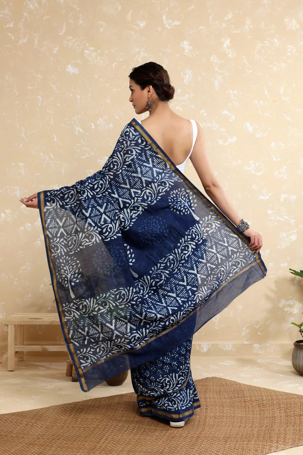 Handloom Indigo Blue Floral Block Print Chanderi Cotton Saree