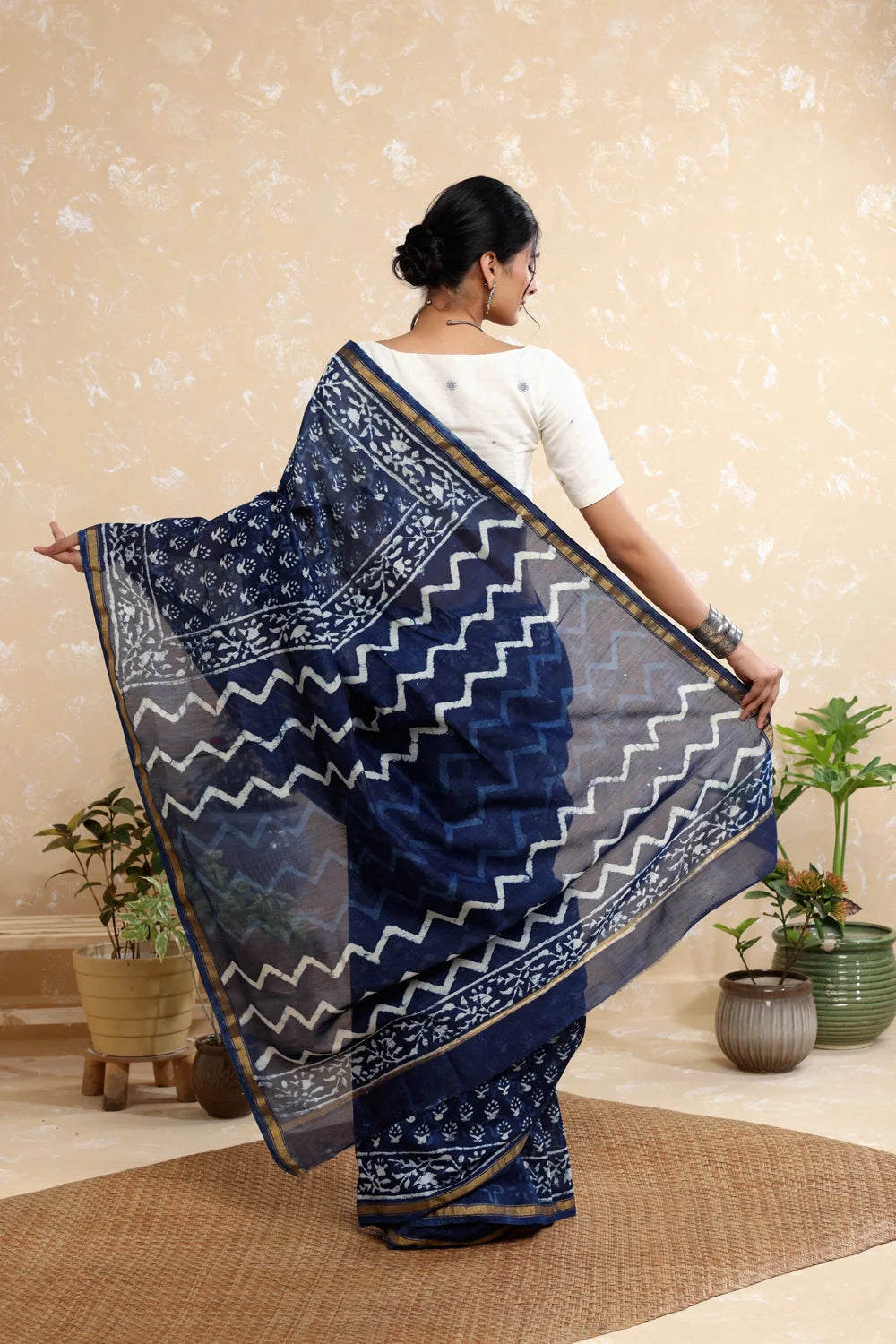 Handloom Indigo Blue Flower Block Print Chanderi Cotton Saree