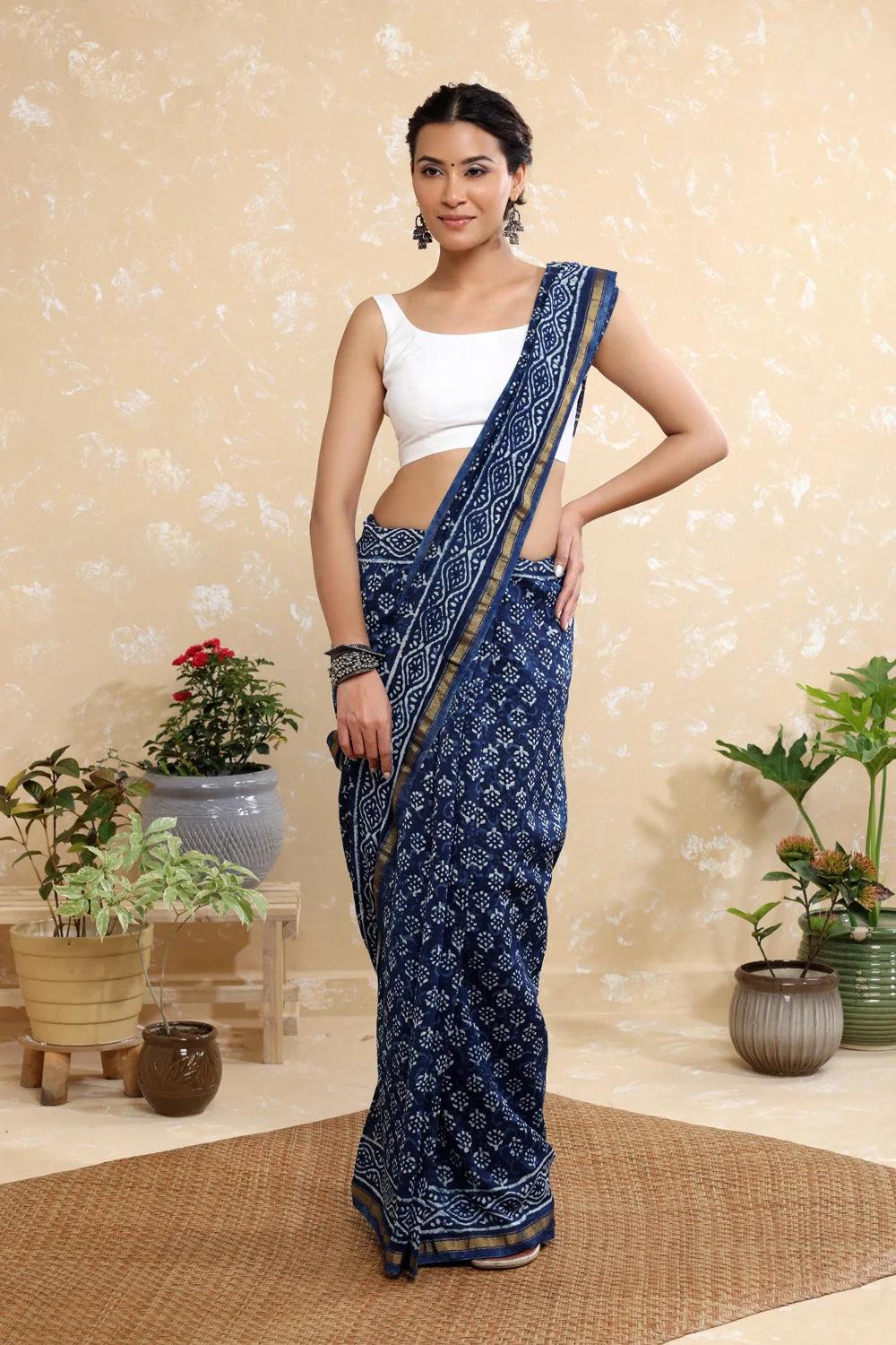 Handloom Blue Indigo Flower Block Print Chanderi Cotton Saree