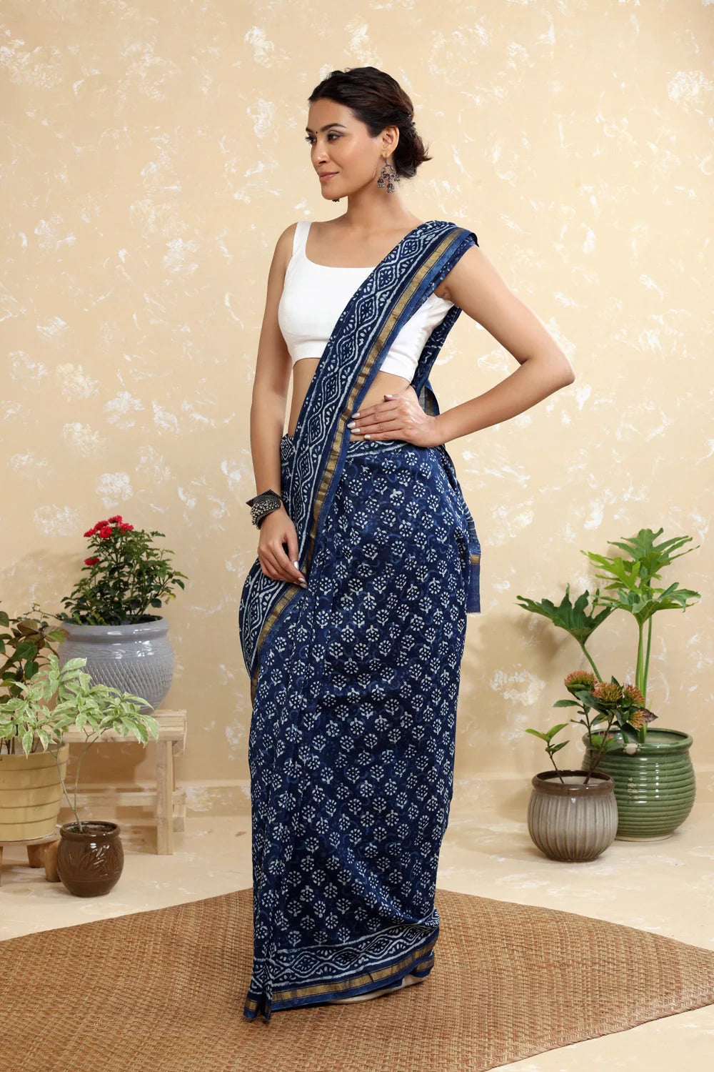 Handloom Blue Indigo Flower Block Print Chanderi Cotton Saree