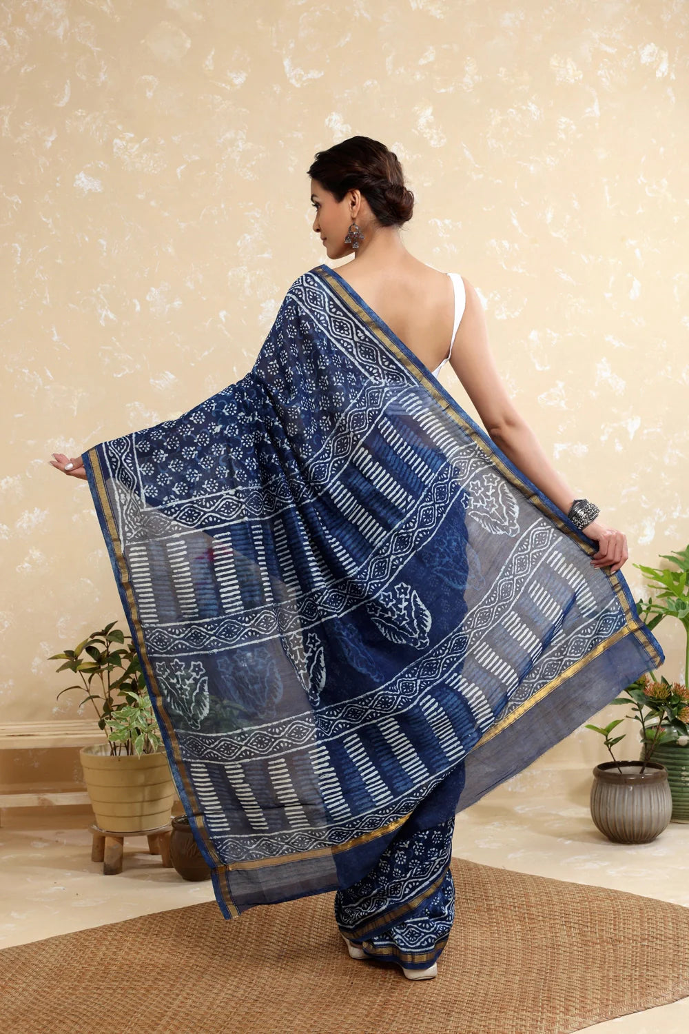 Handloom Blue Indigo Flower Block Print Chanderi Cotton Saree