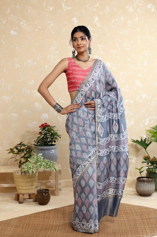 Handloom Grey Block Print Chanderi Cotton Saree