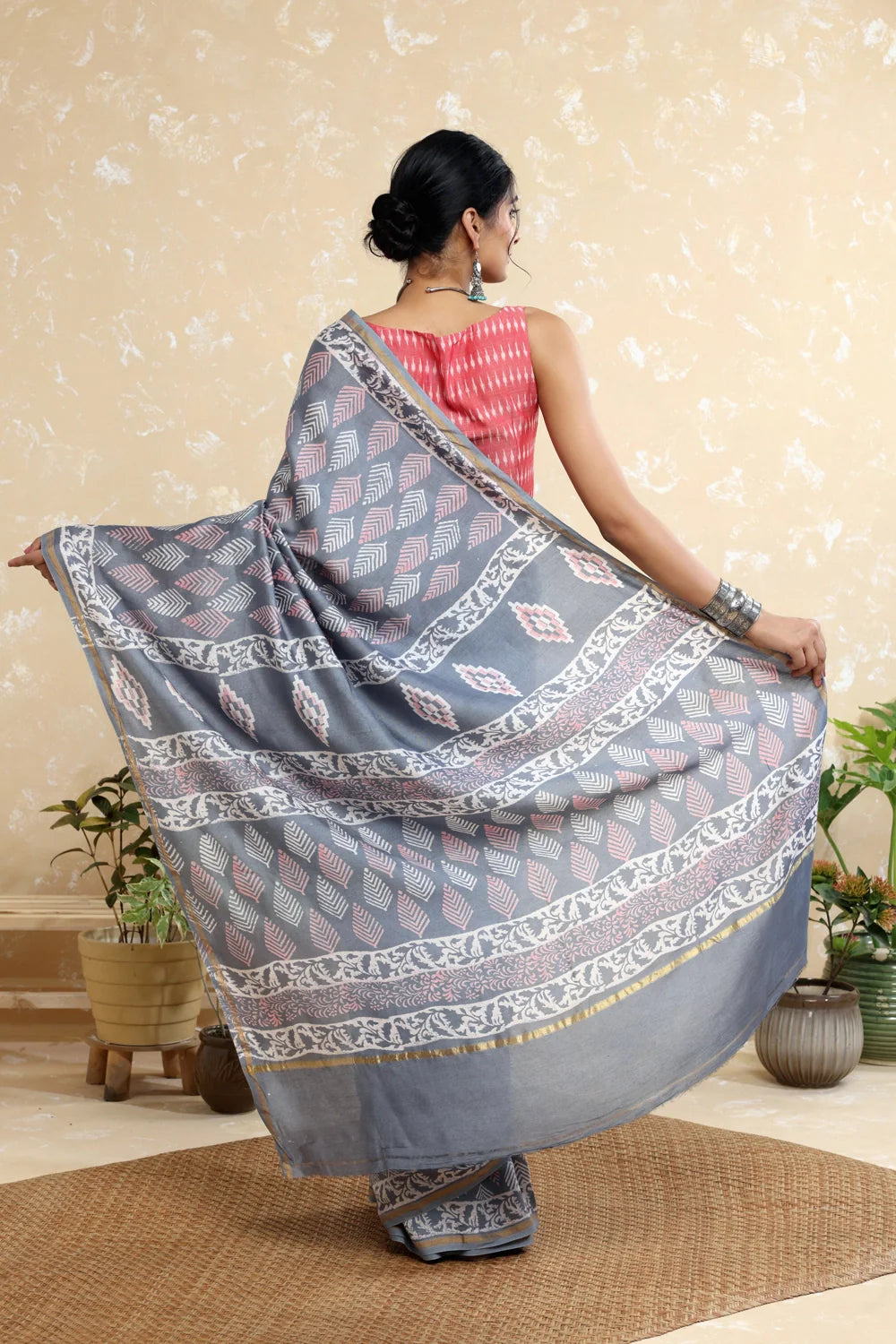 Handloom Grey Block Print Chanderi Cotton Saree