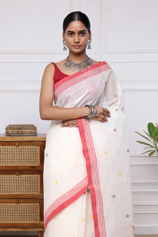 Handloom Off White & Red Pure Cotton Jamdani Saree