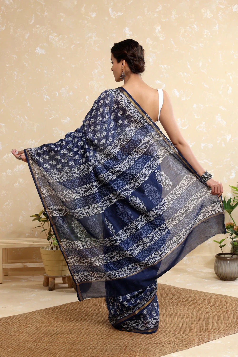 Handloom Blue Indigo  Chic Block Print Chanderi Cotton Saree