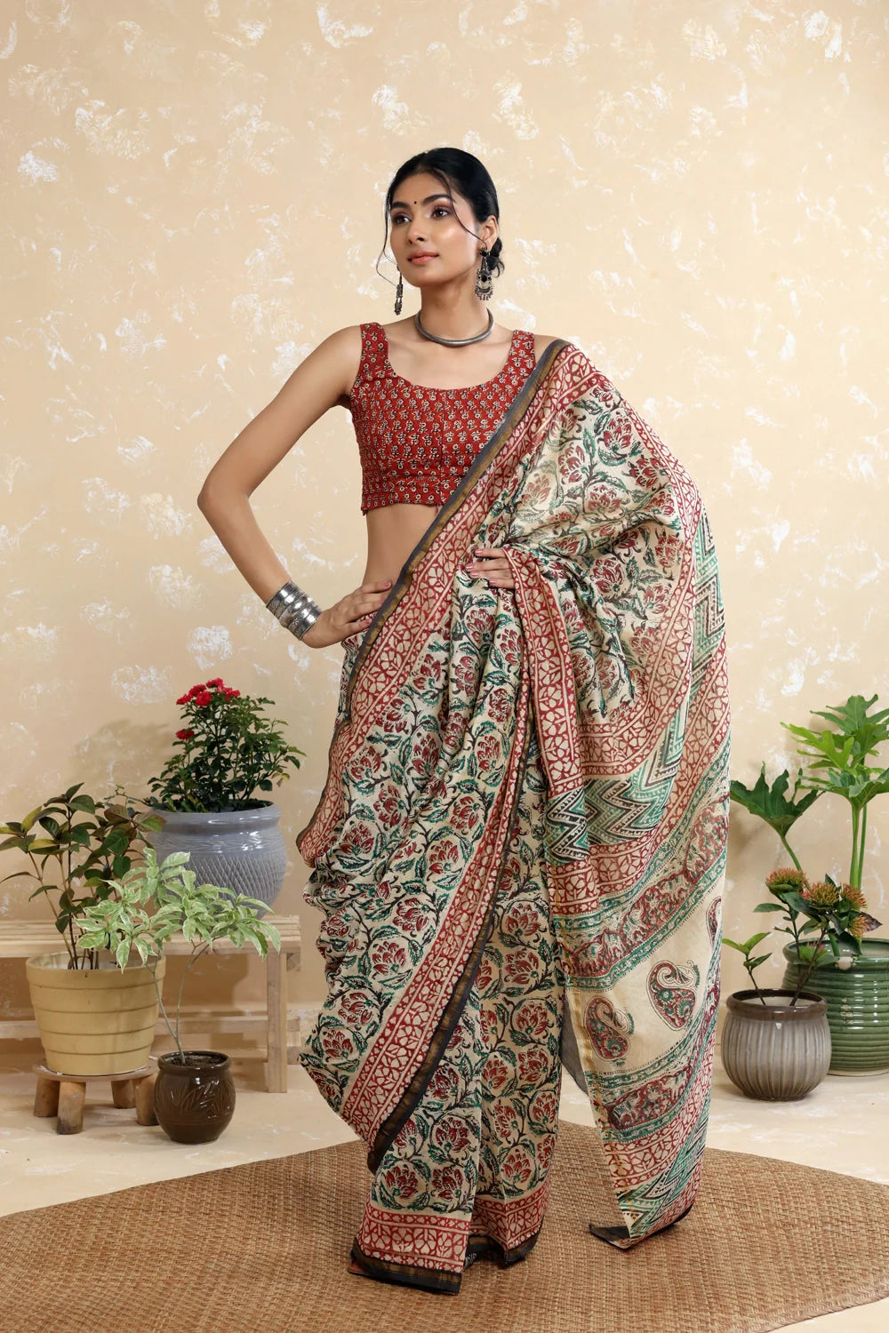 Handloom Brown & Green Block Print Chanderi Cotton Saree