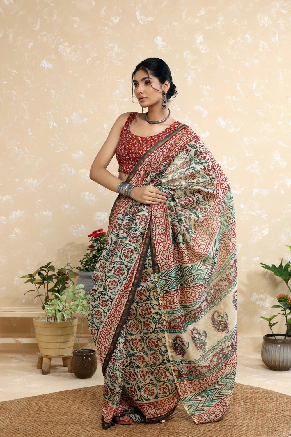 Handloom Brown & Green Block Print Chanderi Cotton Saree