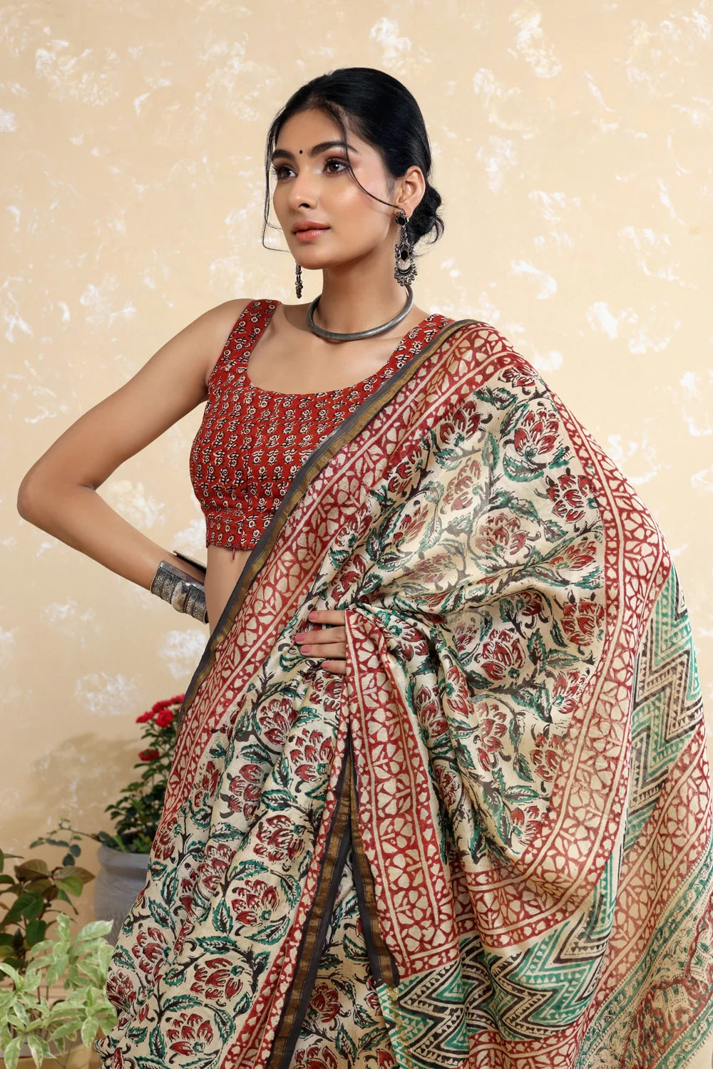 Handloom Brown & Green Block Print Chanderi Cotton Saree