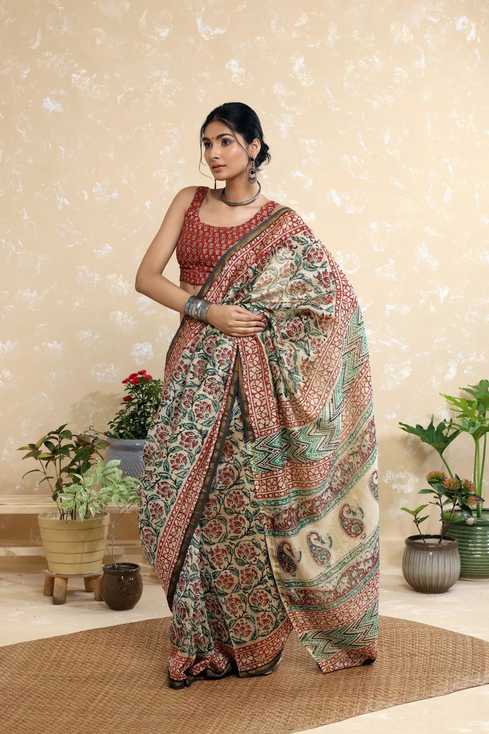 Handloom Brown & Green Block Print Chanderi Cotton Saree