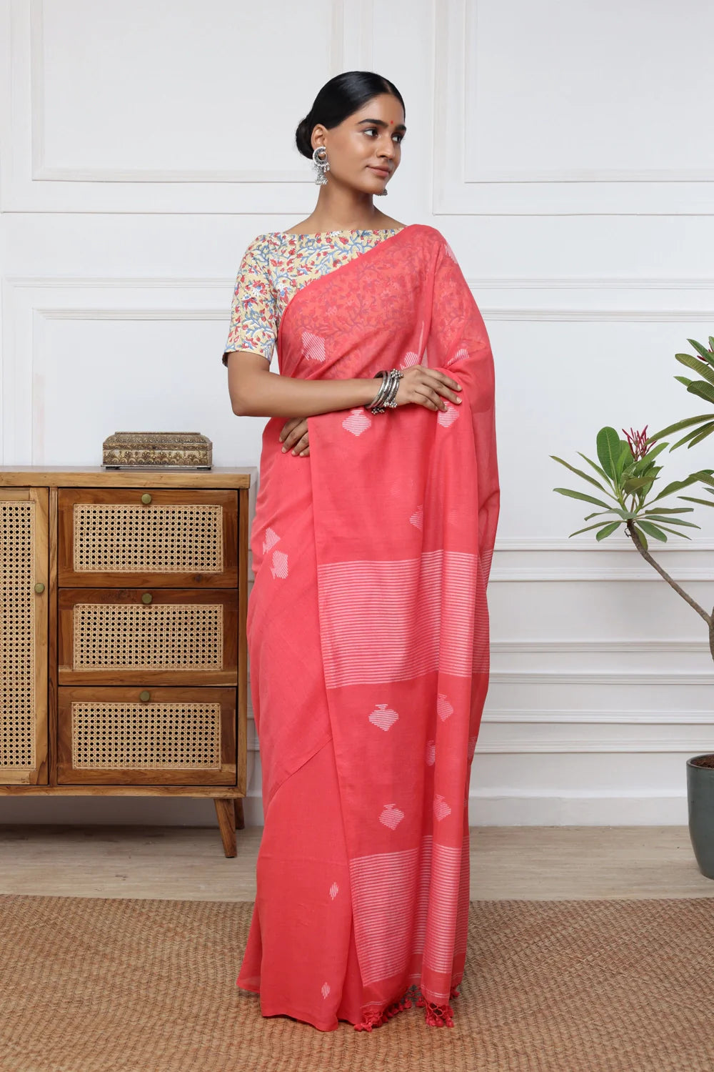 Handloom Watermelon Pink Mulmul Cotton Jamdani Saree