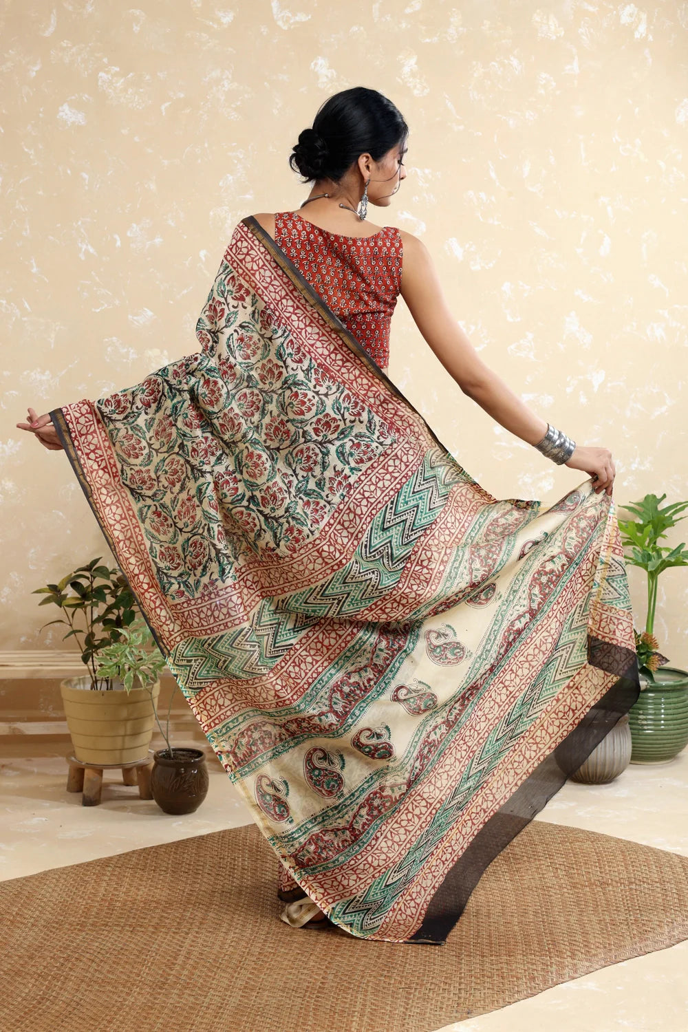 Handloom Brown & Green Block Print Chanderi Cotton Saree