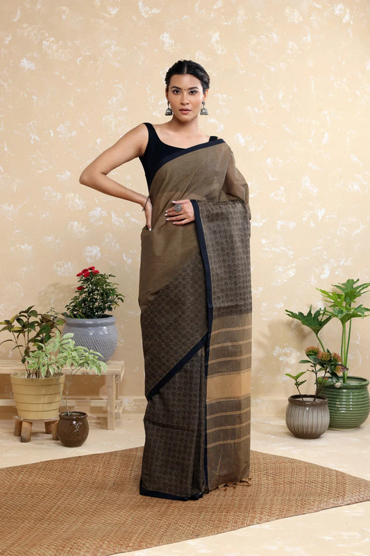 Handloom Walnut Brown Pure Cotton Kanchi Saree