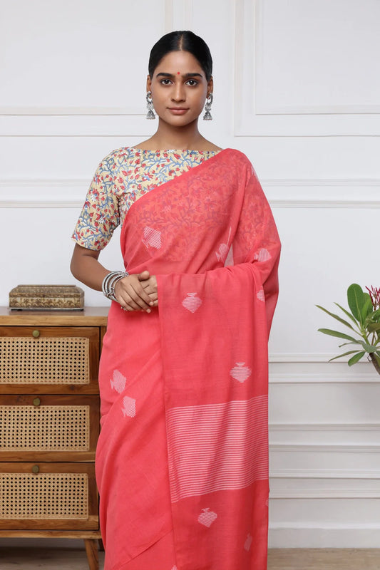 Handloom Watermelon Pink Mulmul Cotton Jamdani Saree