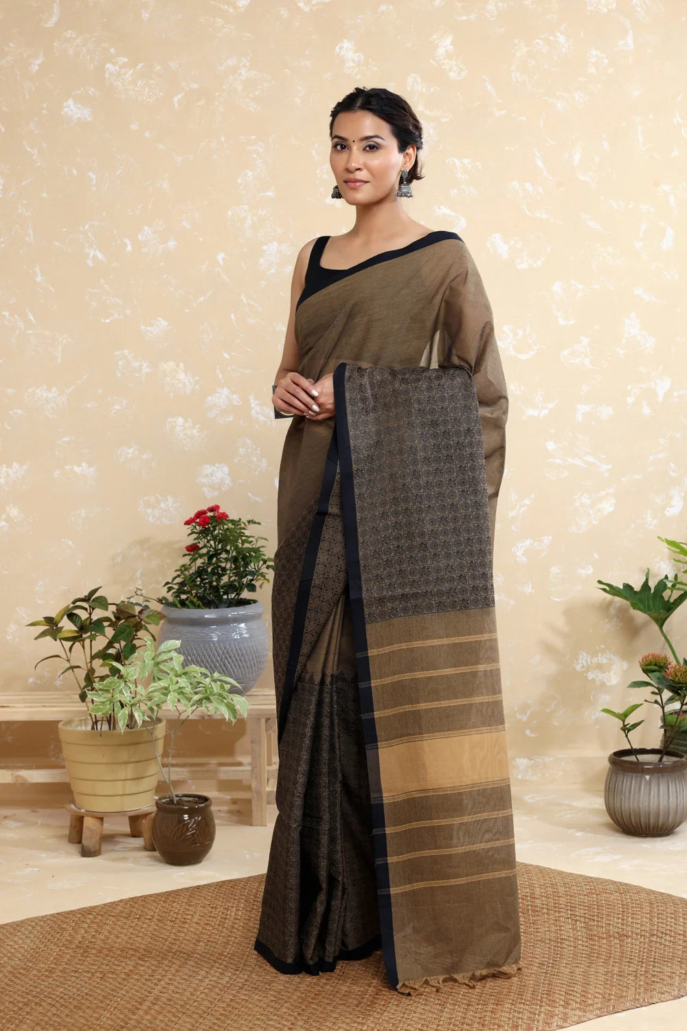 Handloom Walnut Brown Pure Cotton Kanchi Saree