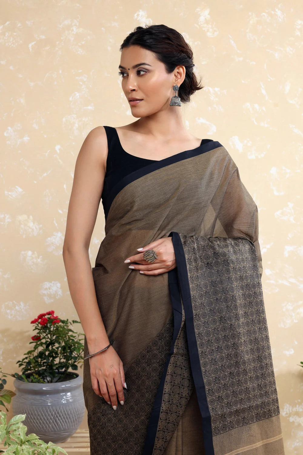 Handloom Walnut Brown Pure Cotton Kanchi Saree