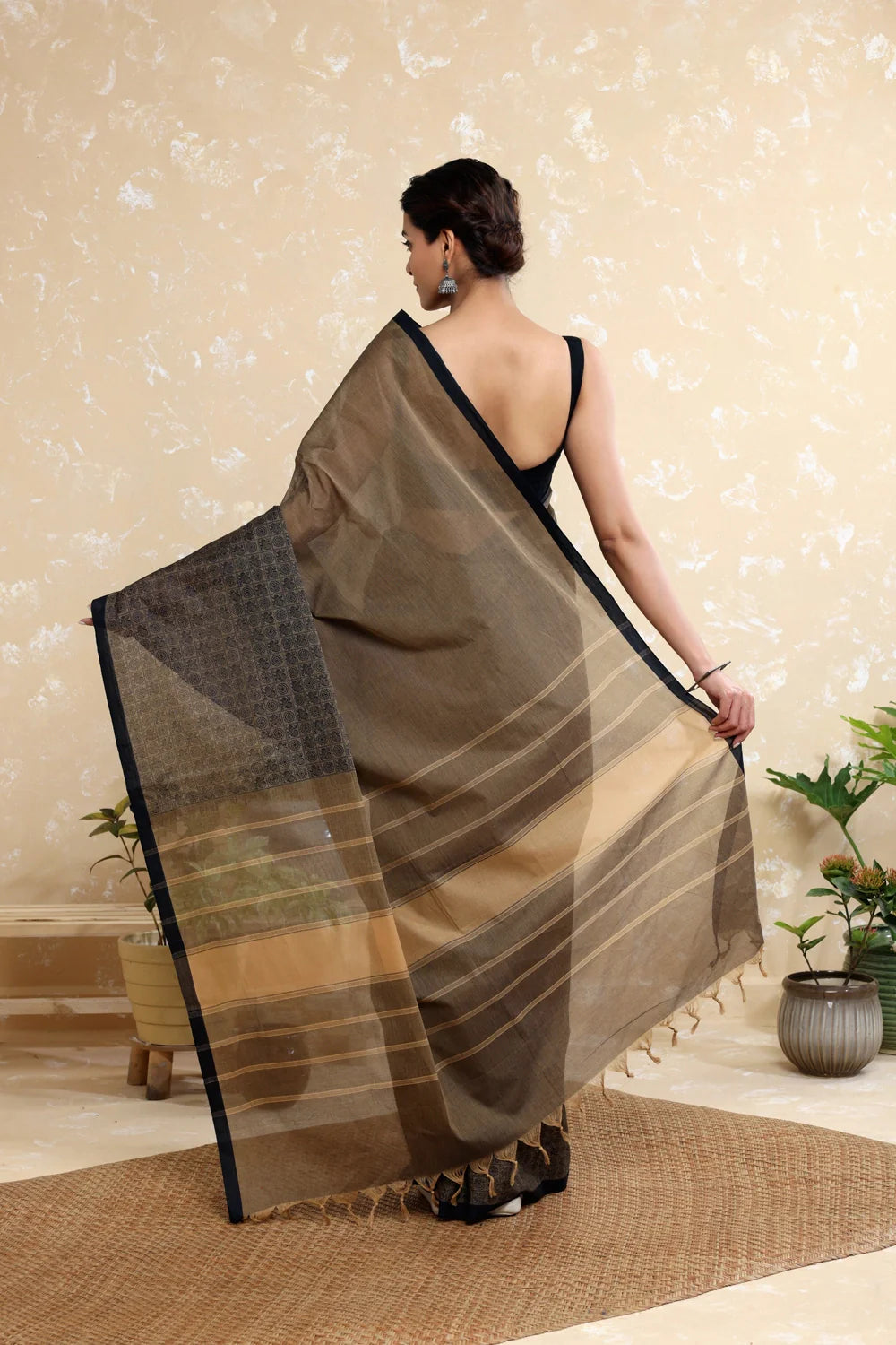 Handloom Walnut Brown Pure Cotton Kanchi Saree