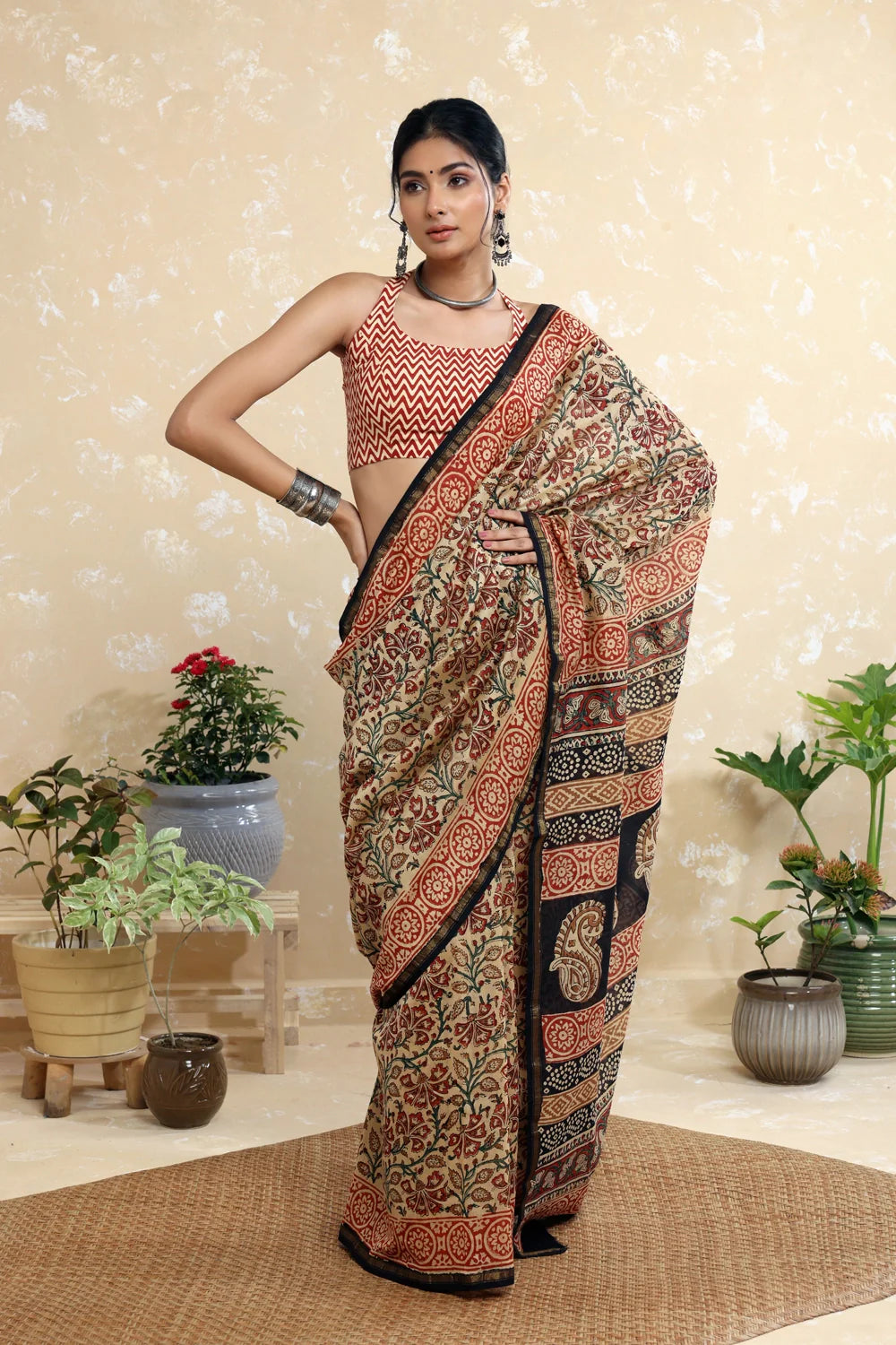 Handloom Brown Block Print Chanderi Cotton Saree