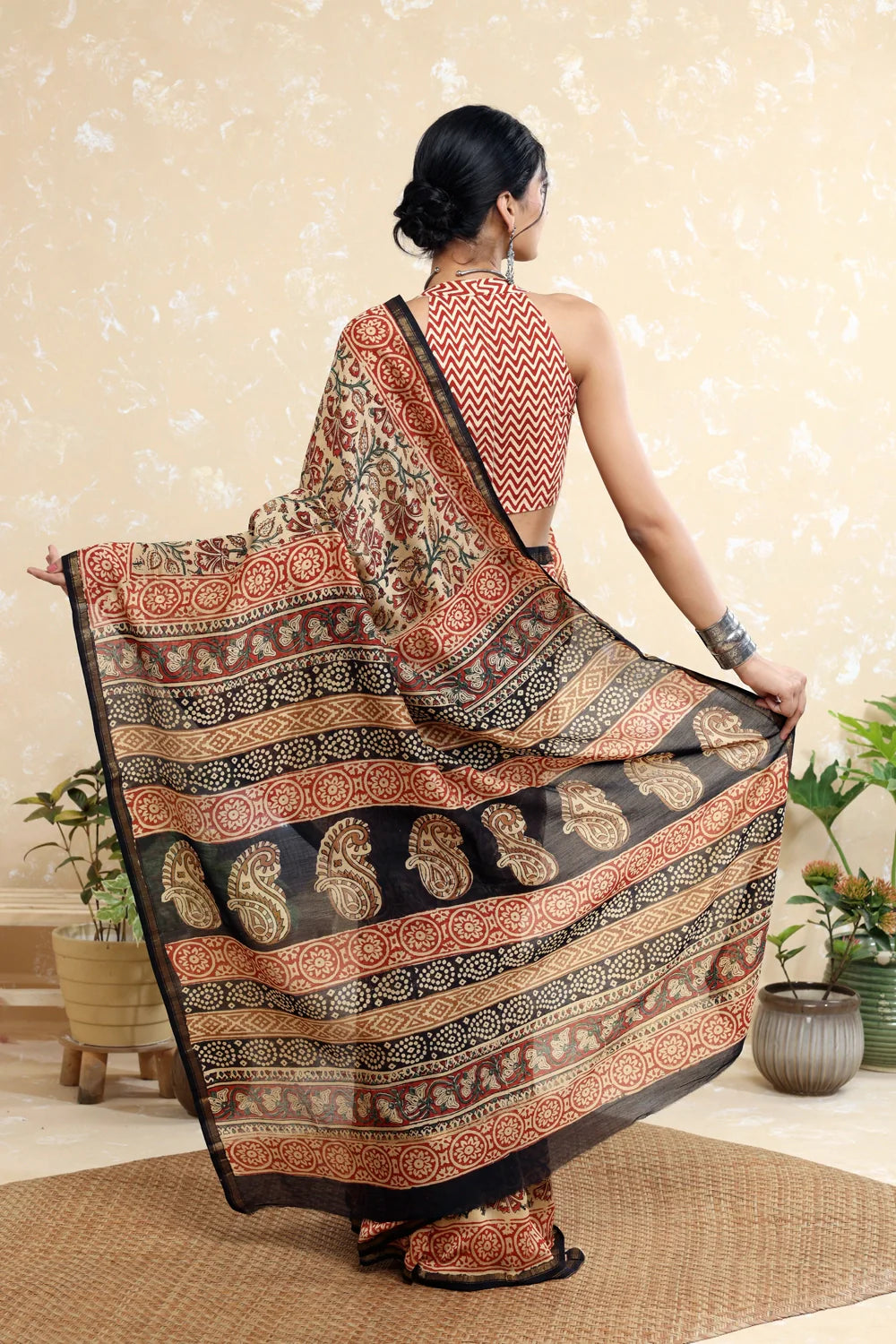 Handloom Brown Block Print Chanderi Cotton Saree