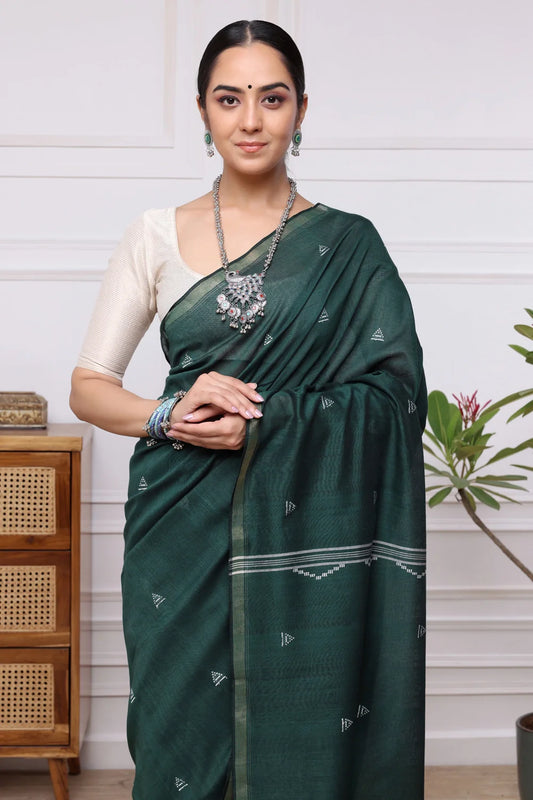 Handloom Basil Green Mulmul Cotton Jamdani Saree