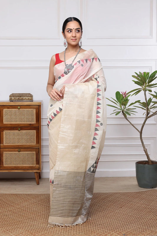 Handloom Off White Pure Cotton Red & Black Jamdani Saree with Tussar Silk Border