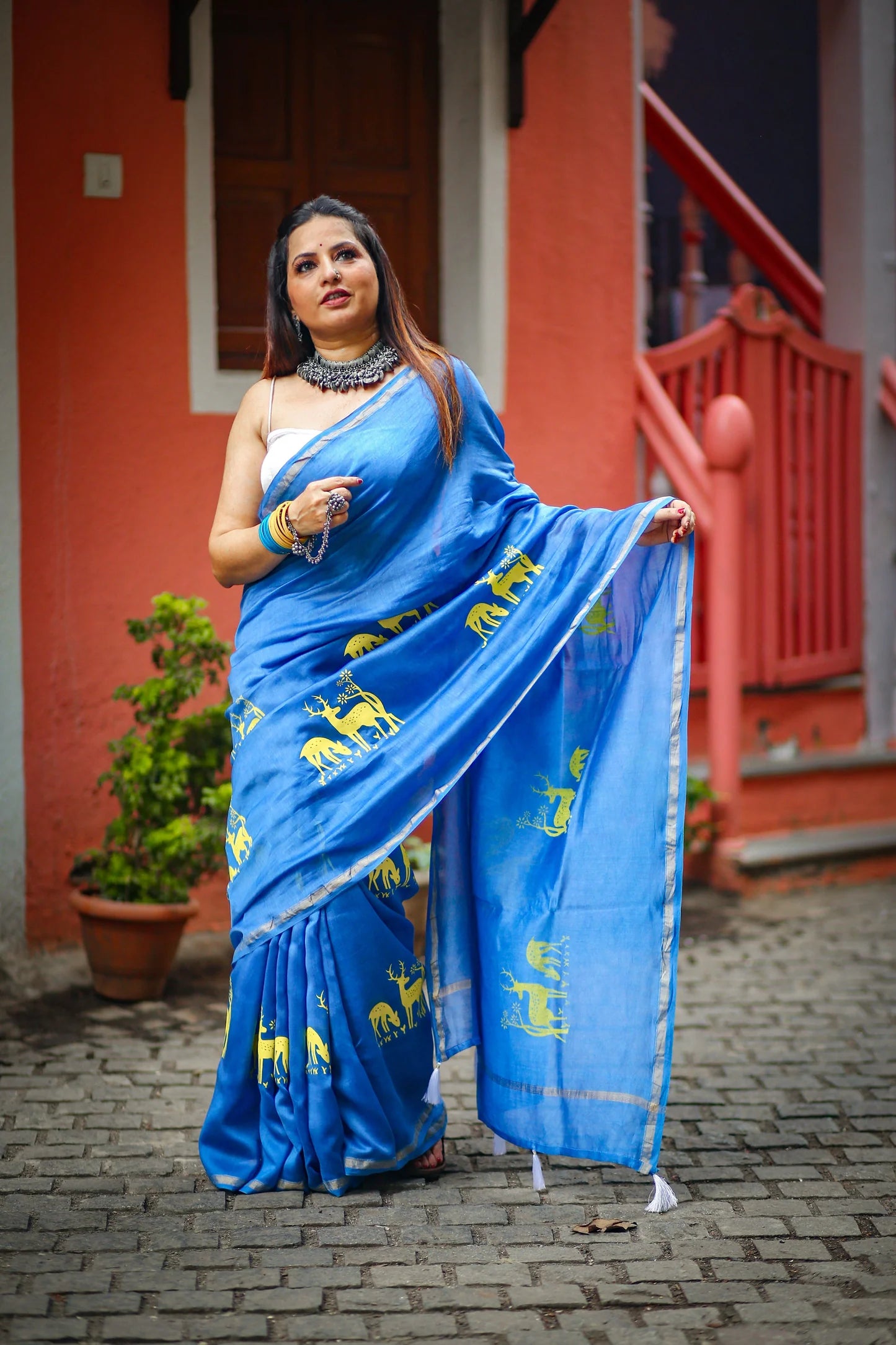 Blue chanderi silk saree with ethnic deer motif