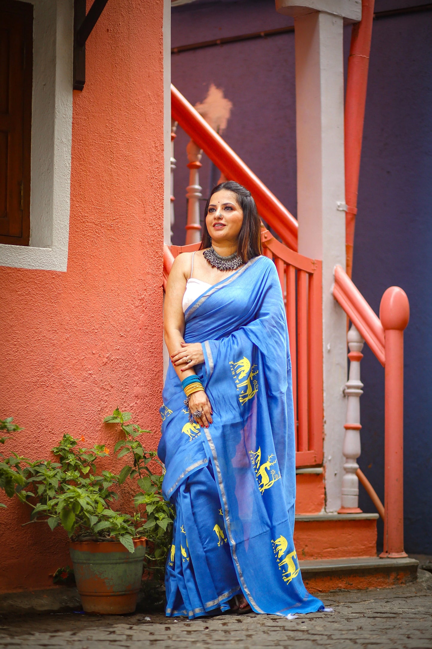 Blue chanderi silk saree with ethnic deer motif