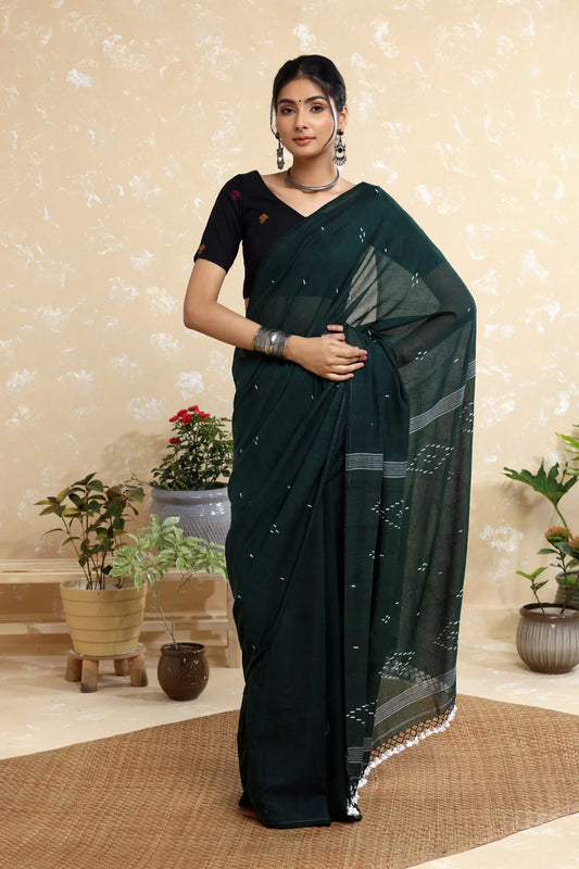 Handloom Dark Green Mulmul Jamdani Saree With Tassels