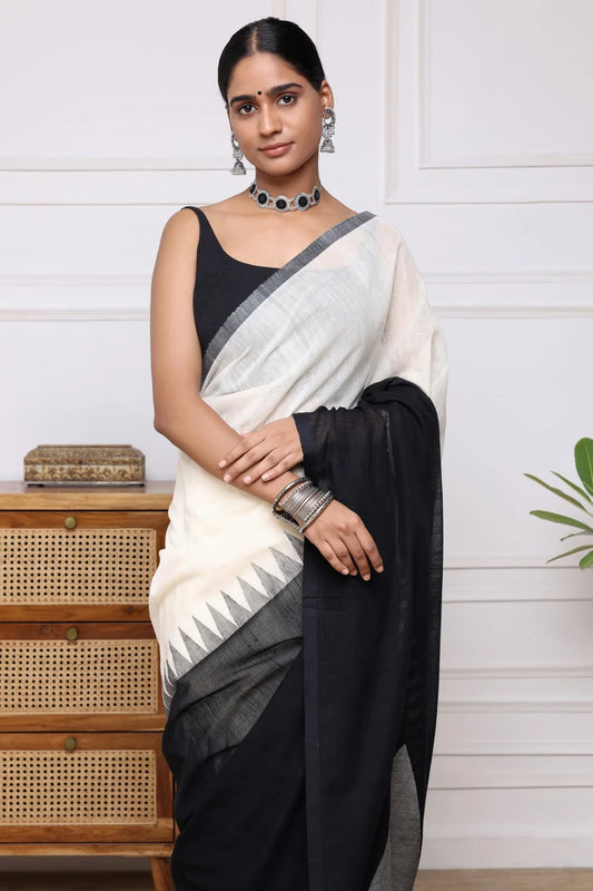 Handloom Off White & Black Soft Cotton Jamdani Saree with Big Pyramids