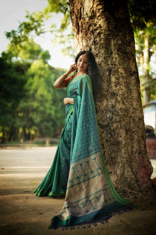 Handloom Teal Green Kanchi Cotton Saree