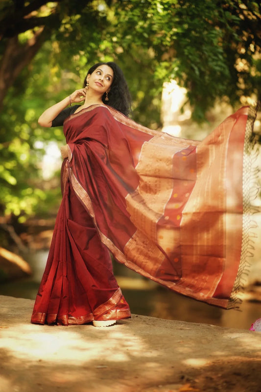 Handloom Maroon Kanchi Cotton Saree