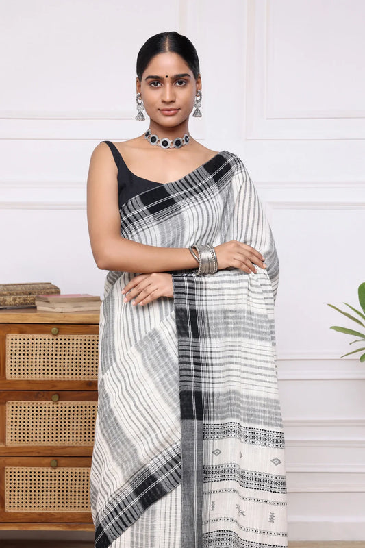 Handloom Black & White Soft Linen Jamdani  Saree