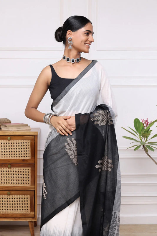 Handloom White & Black Soft Cotton Jamdani Saree