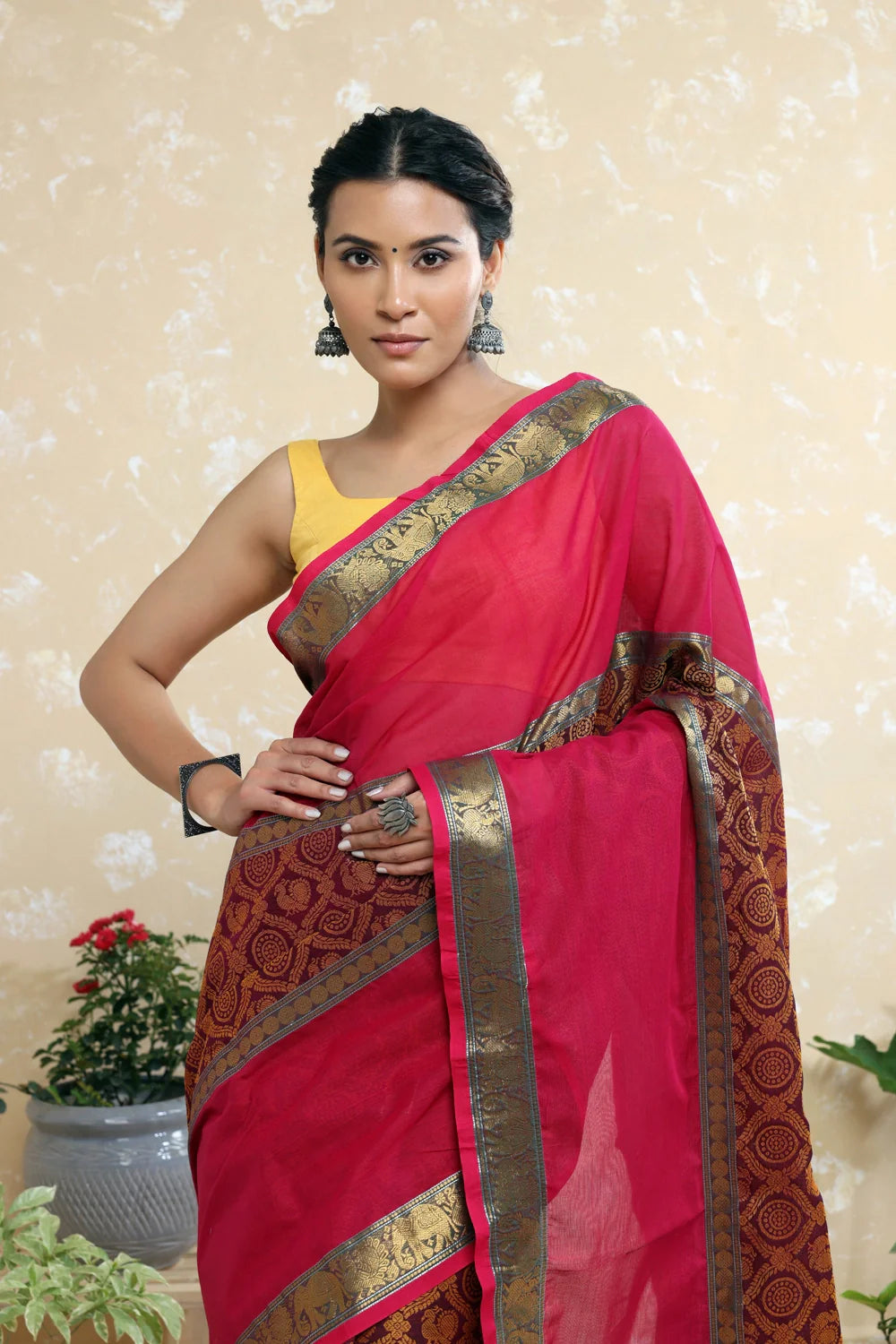 Handloom Magenta Pink Pure Cotton Kanchi Saree with Gold Zari Border