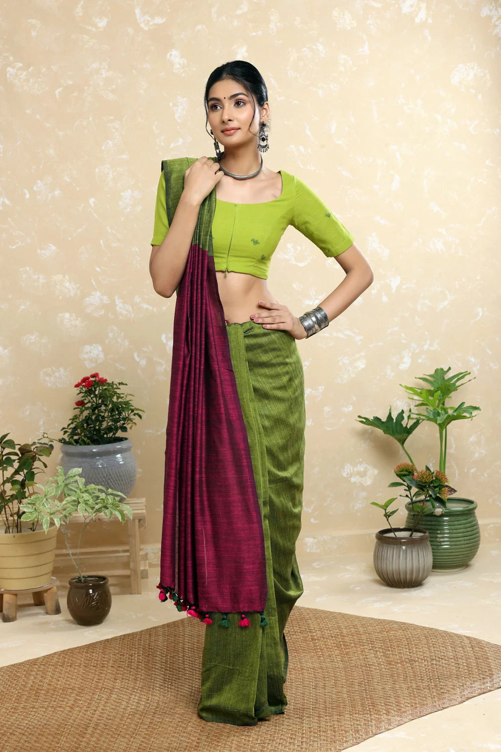 Handloom Green Mulmul Saree with Wine Pallu