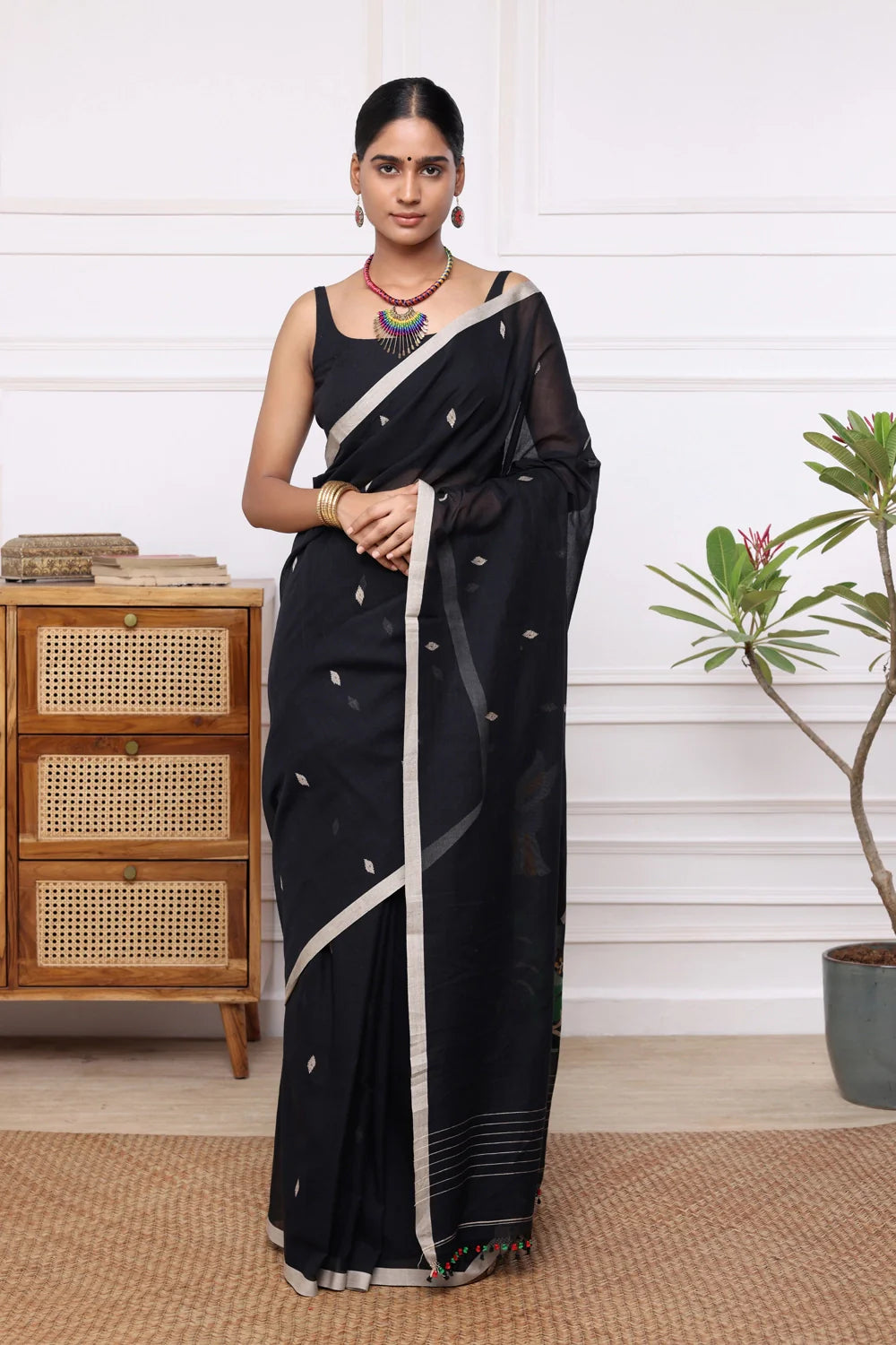 Handloom Black Soft Cotton Jamdani with Multi Colours Motifs