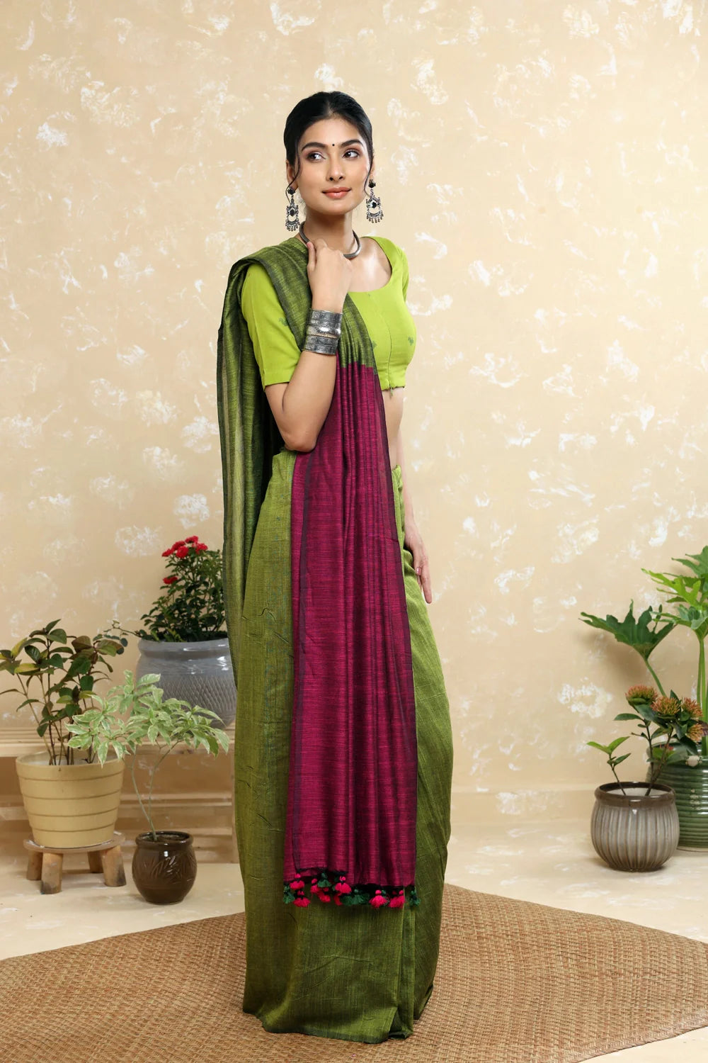 Handloom Green Mulmul Saree with Wine Pallu