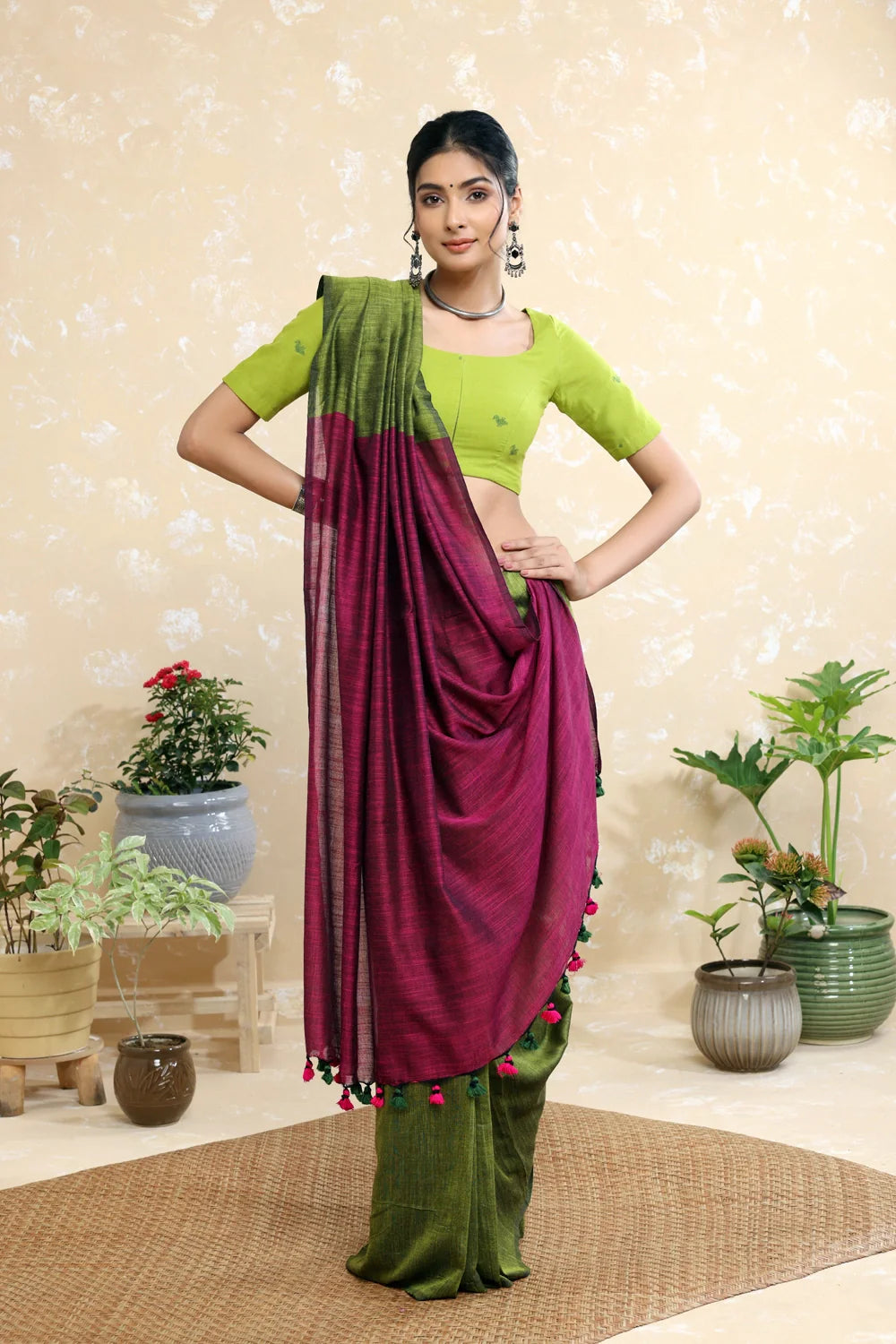 Handloom Green Mulmul Saree with Wine Pallu