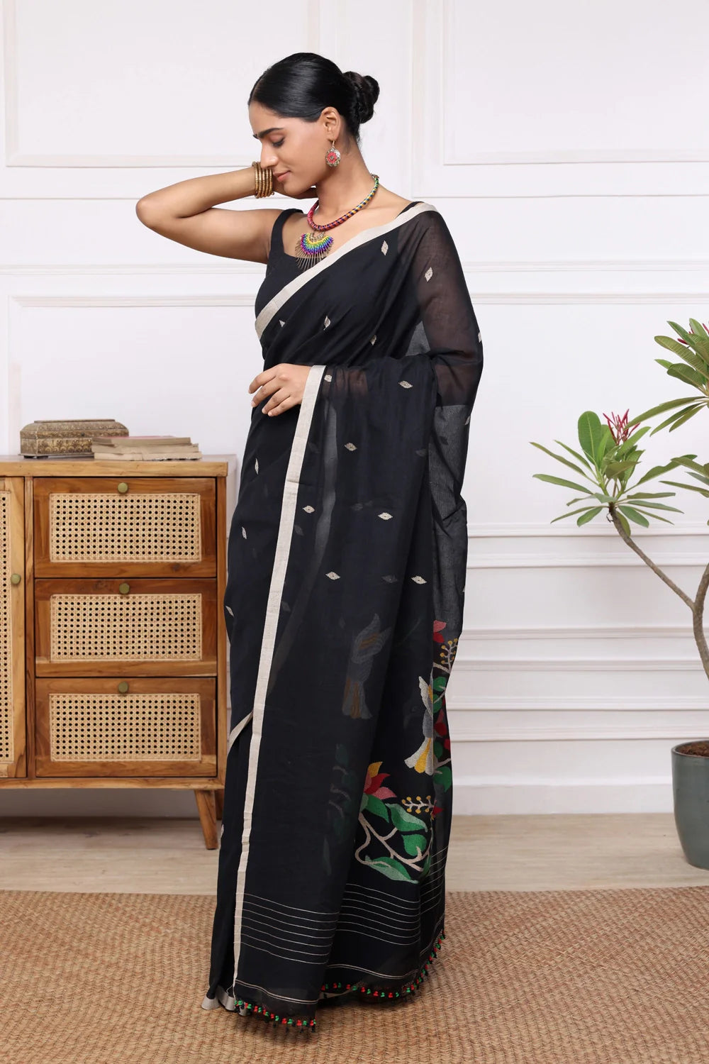 Handloom Black Soft Cotton Jamdani with Multi Colours Motifs